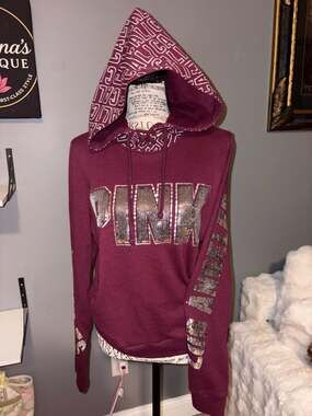 Victoria's Secret PINK Maroon Sequin Los Angeles Hoodie CALI Hood Size S